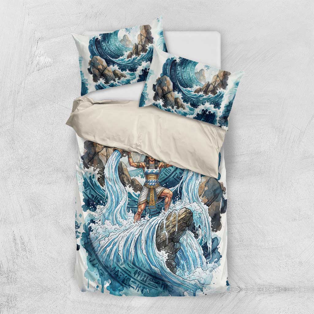 Satis Water Torrent Bedding Set with Egyptian Flood Symbolism in Oceanic Blue Tones