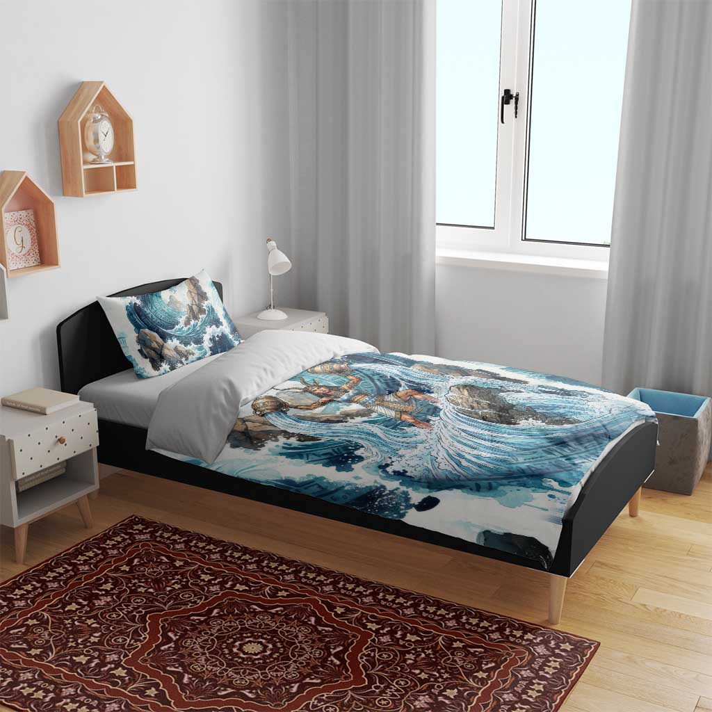 Satis Water Torrent Bedding Set with Egyptian Flood Symbolism in Oceanic Blue Tones