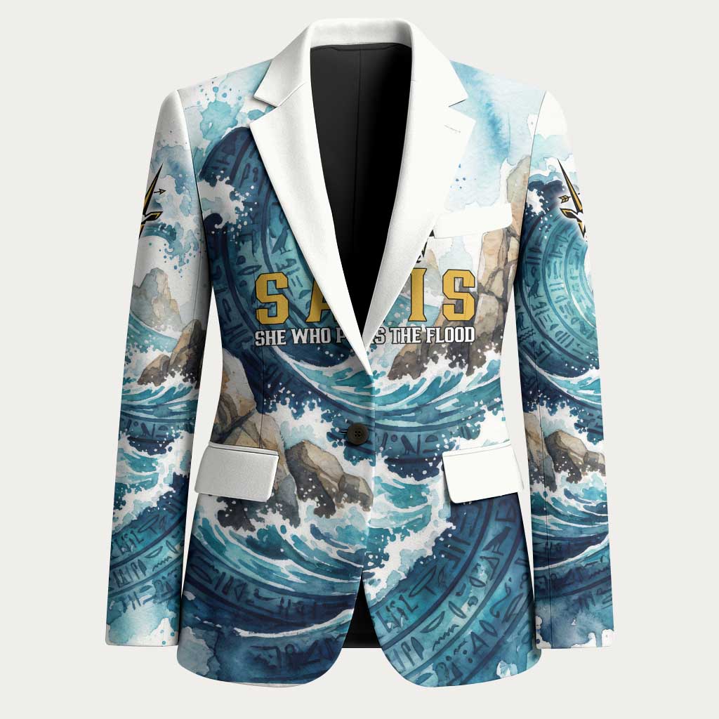 Satis Water Torrent Blazer with Egyptian Flood Symbolism in Oceanic Blue Tones