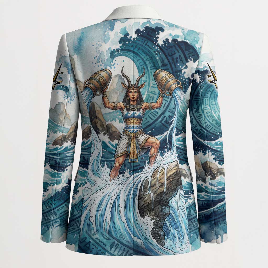 Satis Water Torrent Blazer with Egyptian Flood Symbolism in Oceanic Blue Tones