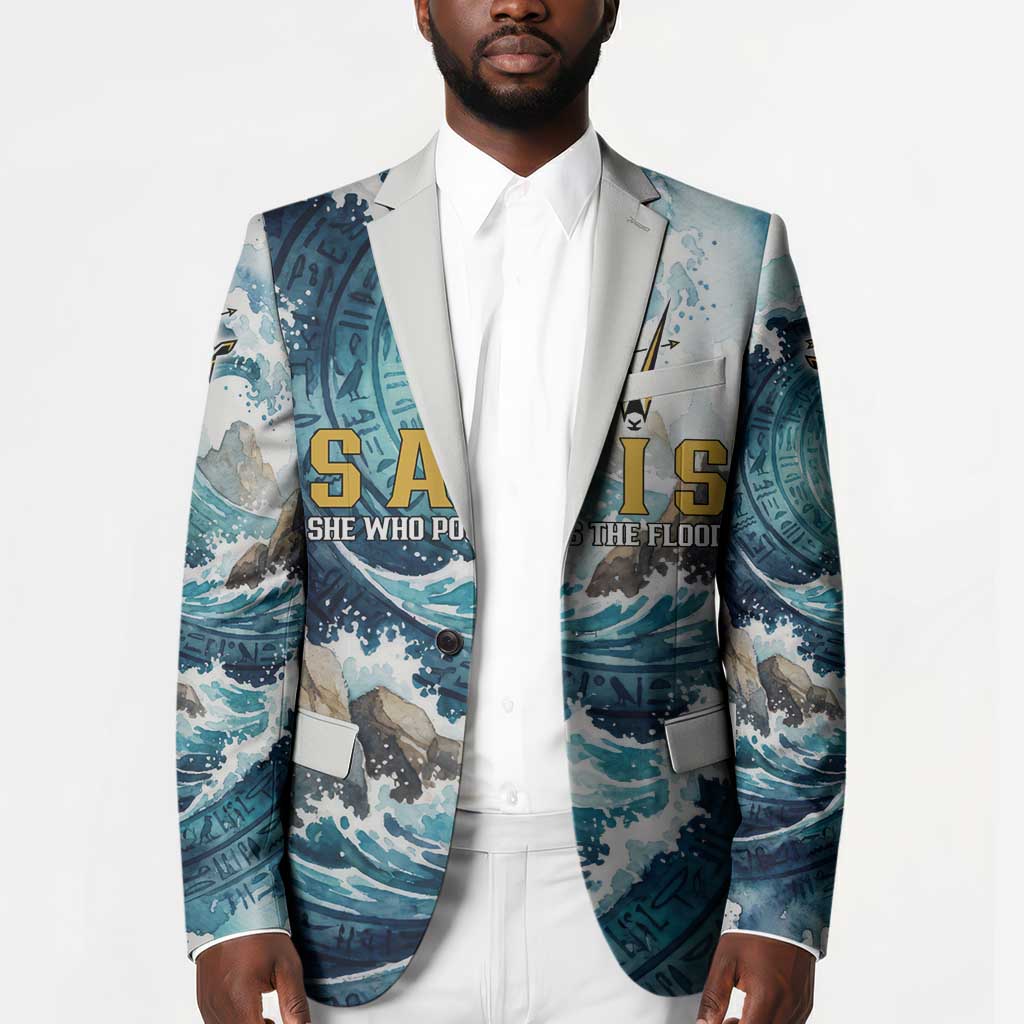 Satis Water Torrent Blazer with Egyptian Flood Symbolism in Oceanic Blue Tones