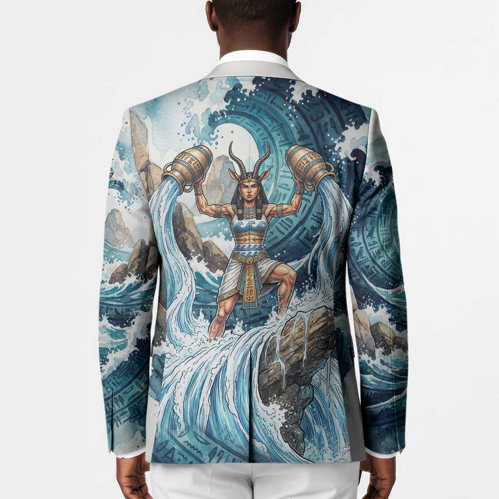 Satis Water Torrent Blazer with Egyptian Flood Symbolism in Oceanic Blue Tones