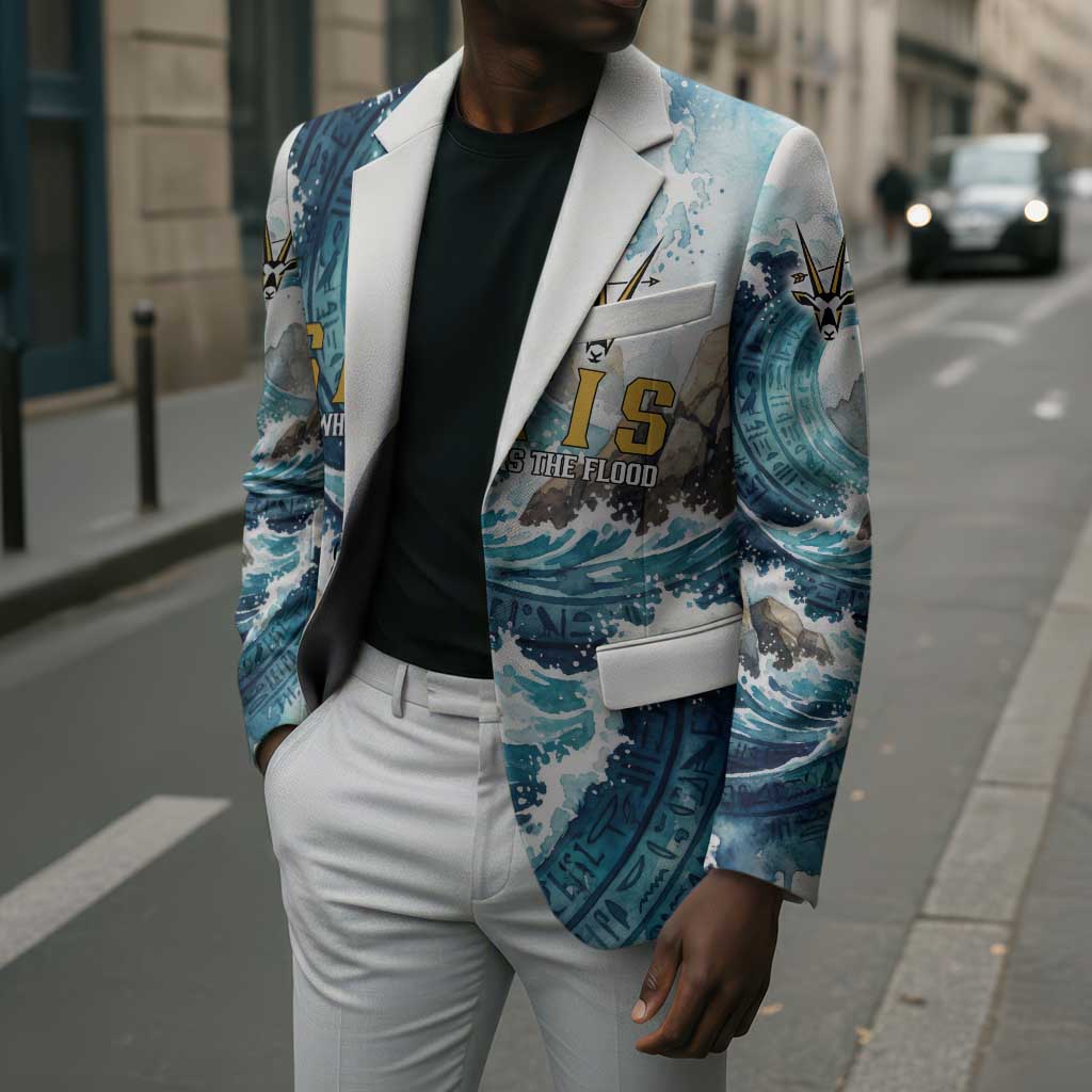 Satis Water Torrent Blazer with Egyptian Flood Symbolism in Oceanic Blue Tones