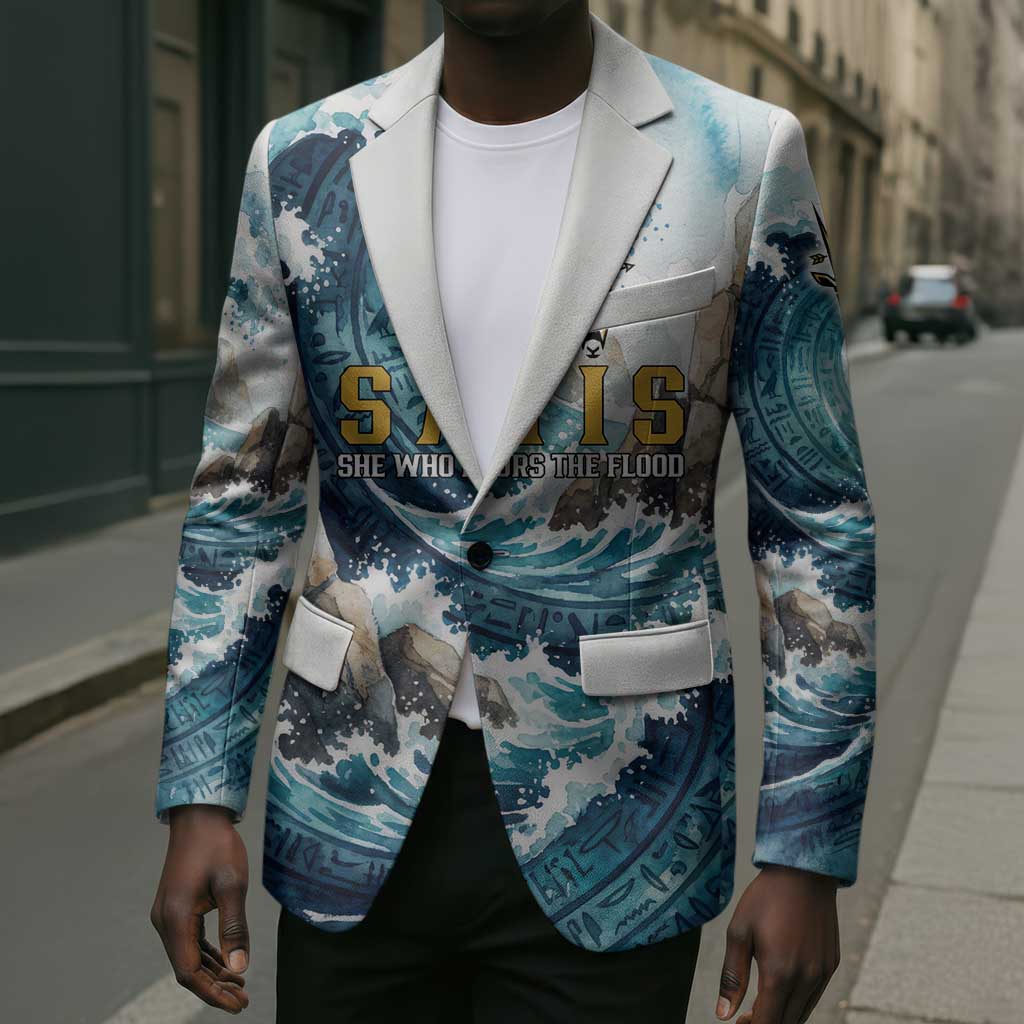 Satis Water Torrent Blazer with Egyptian Flood Symbolism in Oceanic Blue Tones