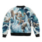 Satis Water Torrent Bomber Jacket with Egyptian Flood Symbolism in Oceanic Blue Tones