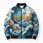 Satis Water Torrent Bomber Puffer Jacket with Egyptian Flood Symbolism in Oceanic Blue Tones