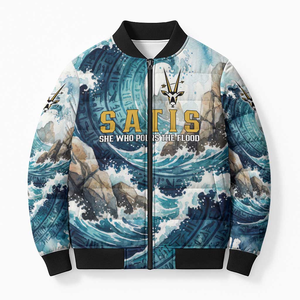 Satis Water Torrent Bomber Puffer Jacket with Egyptian Flood Symbolism in Oceanic Blue Tones