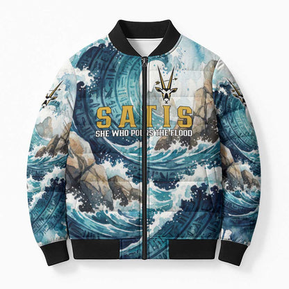 Satis Water Torrent Bomber Puffer Jacket with Egyptian Flood Symbolism in Oceanic Blue Tones