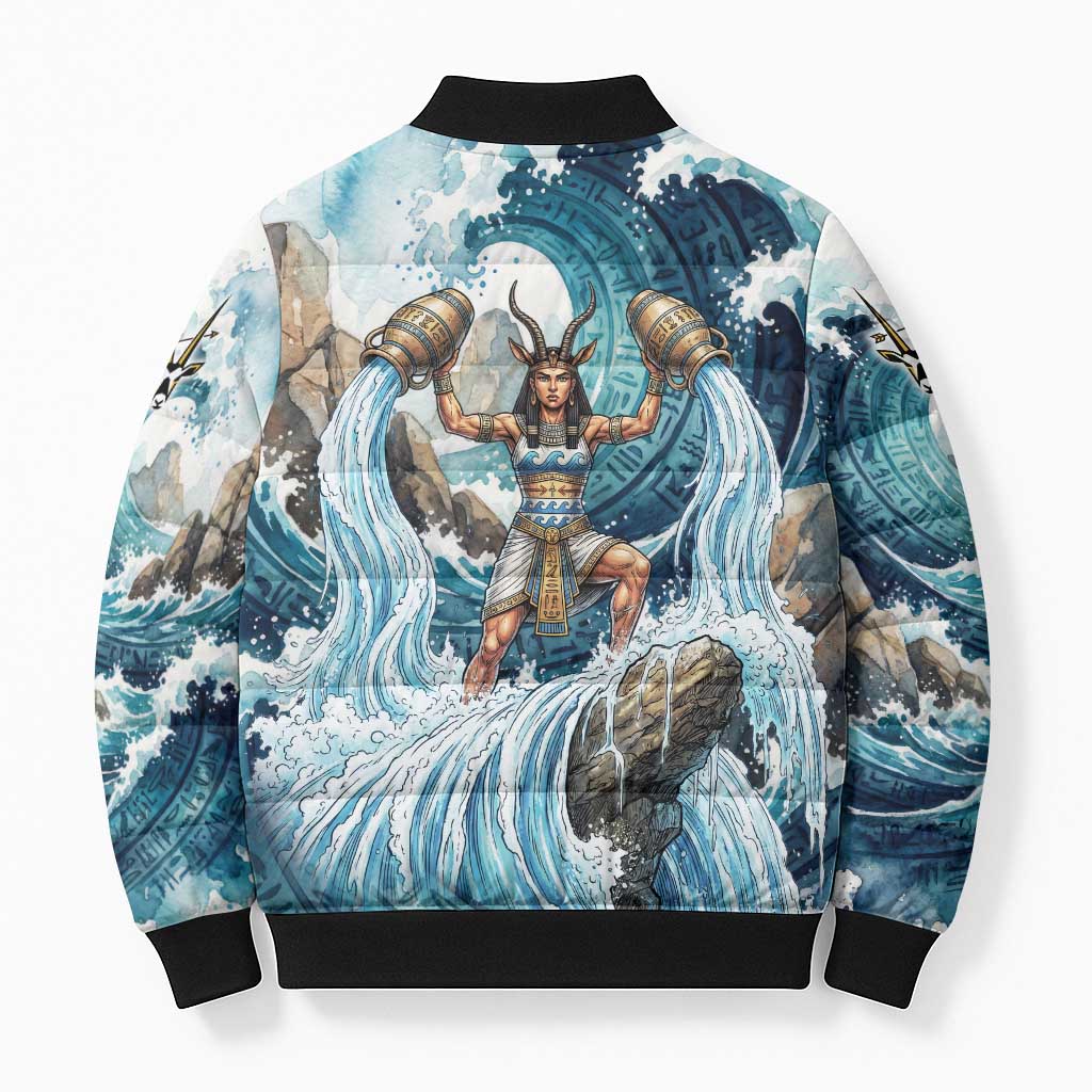 Satis Water Torrent Bomber Puffer Jacket with Egyptian Flood Symbolism in Oceanic Blue Tones