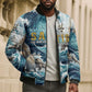 Satis Water Torrent Bomber Puffer Jacket with Egyptian Flood Symbolism in Oceanic Blue Tones