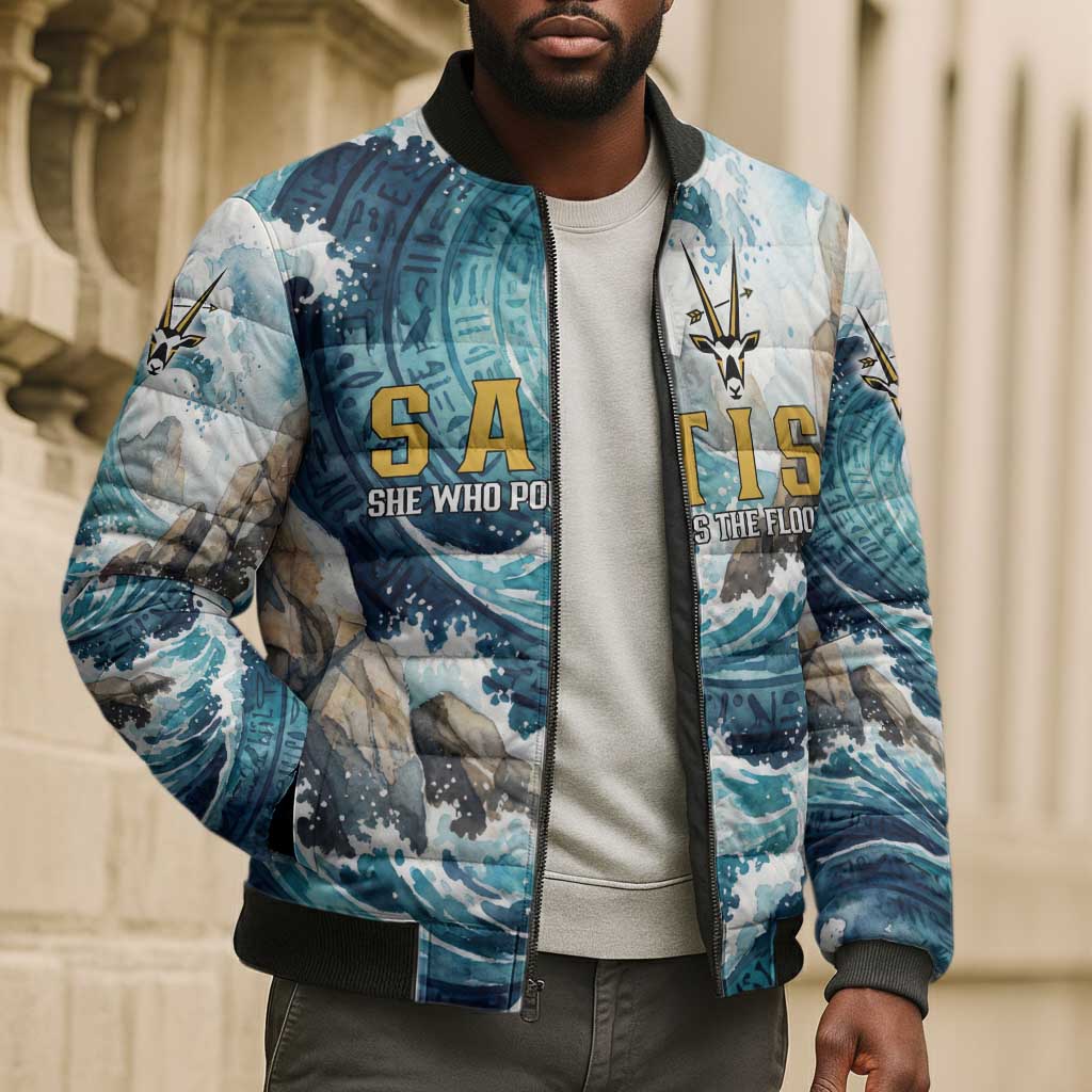 Satis Water Torrent Bomber Puffer Jacket with Egyptian Flood Symbolism in Oceanic Blue Tones