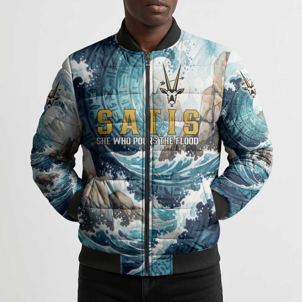 Satis Water Torrent Bomber Puffer Jacket with Egyptian Flood Symbolism in Oceanic Blue Tones