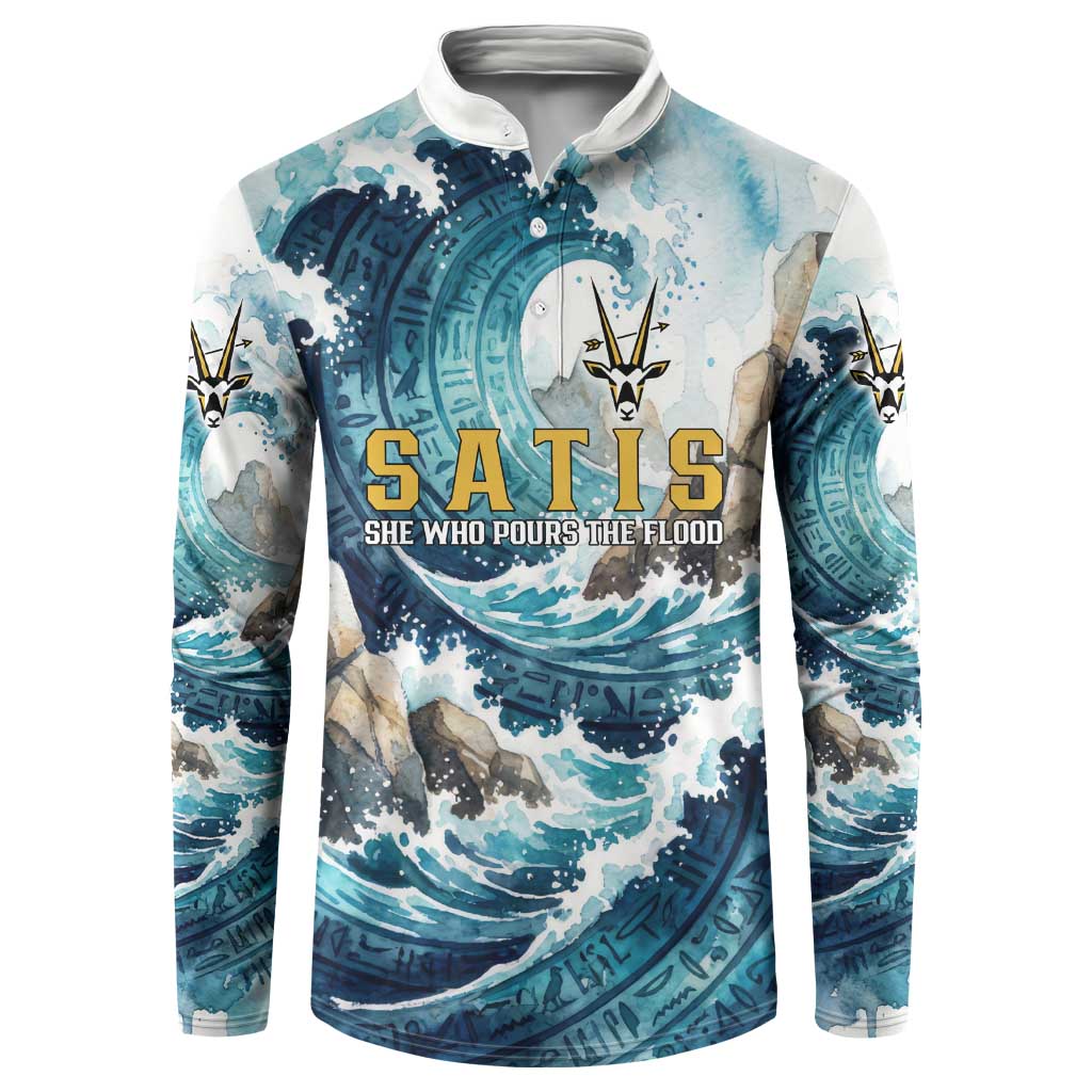 Satis Water Torrent Button Sweatshirt with Egyptian Flood Symbolism in Oceanic Blue Tones