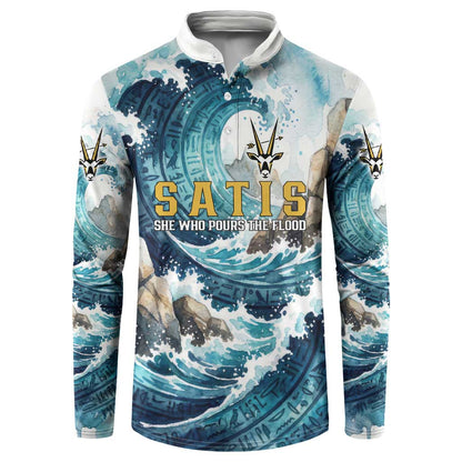Satis Water Torrent Button Sweatshirt with Egyptian Flood Symbolism in Oceanic Blue Tones