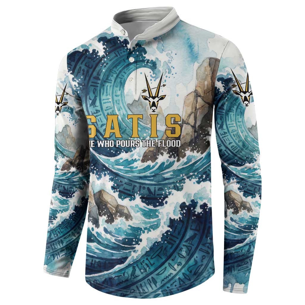 Satis Water Torrent Button Sweatshirt with Egyptian Flood Symbolism in Oceanic Blue Tones