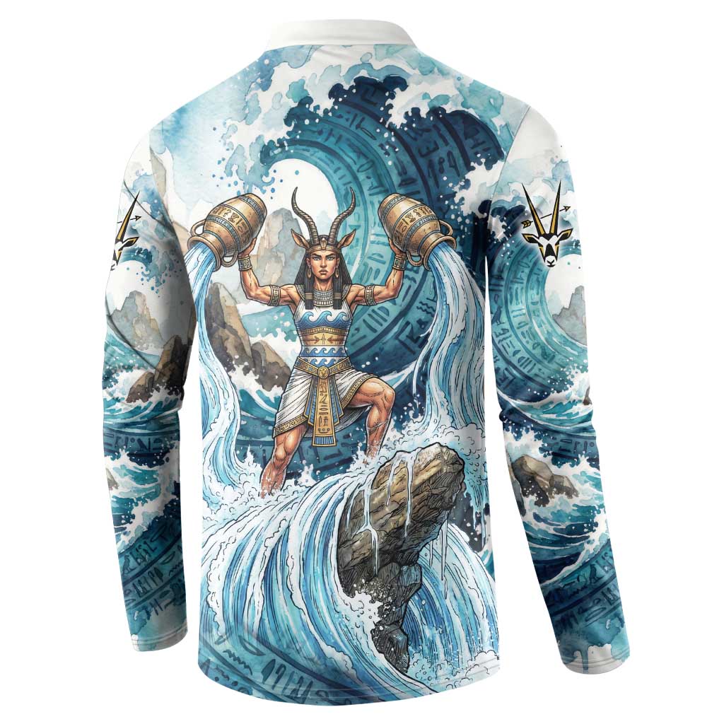 Satis Water Torrent Button Sweatshirt with Egyptian Flood Symbolism in Oceanic Blue Tones