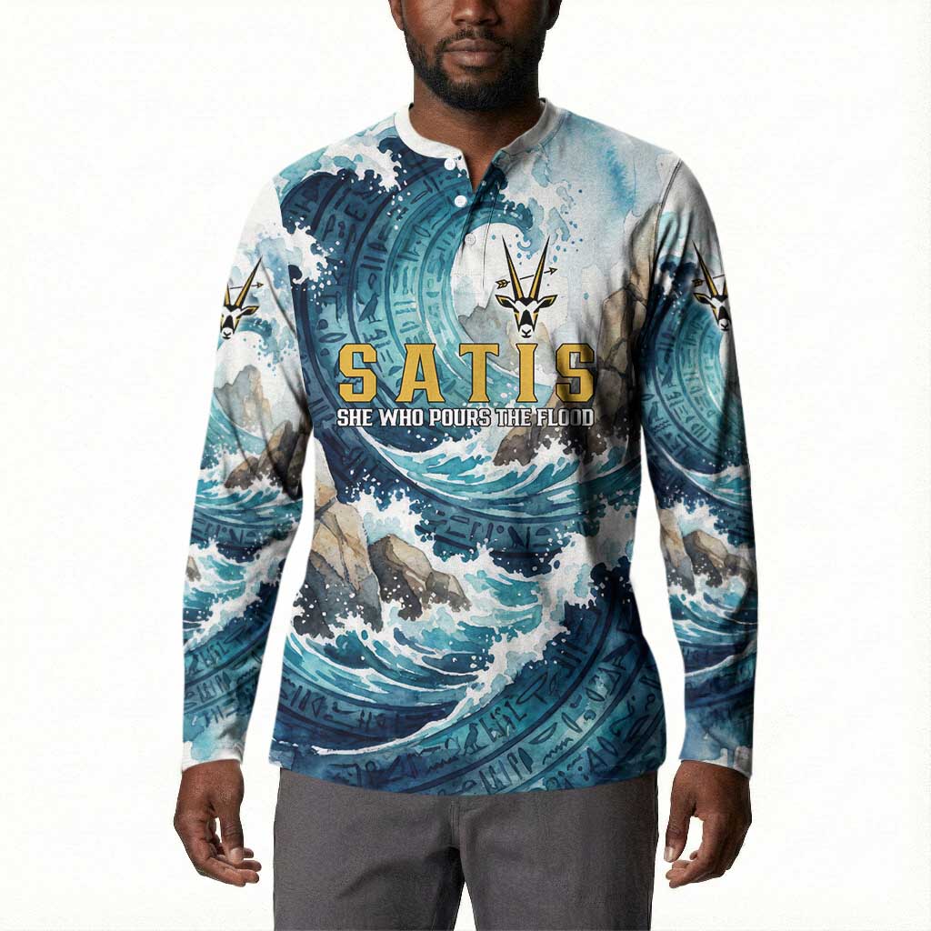 Satis Water Torrent Button Sweatshirt with Egyptian Flood Symbolism in Oceanic Blue Tones