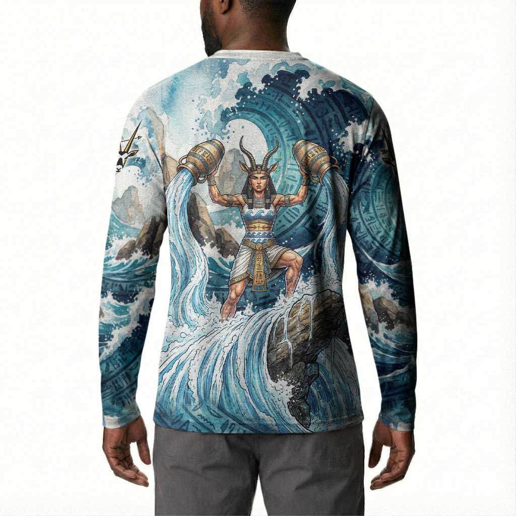 Satis Water Torrent Button Sweatshirt with Egyptian Flood Symbolism in Oceanic Blue Tones