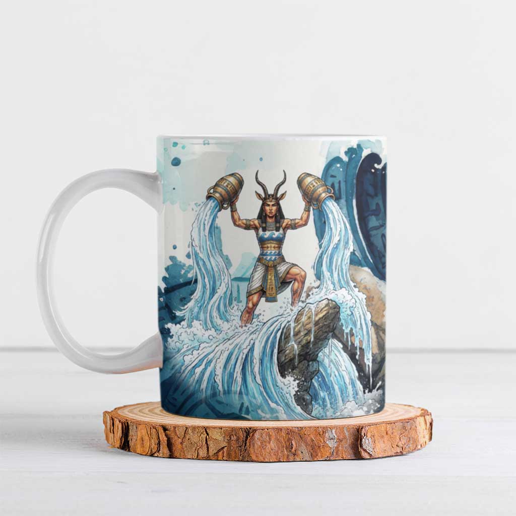 Satis Water Torrent Ceramic Mug with Egyptian Flood Symbolism in Oceanic Blue Tones
