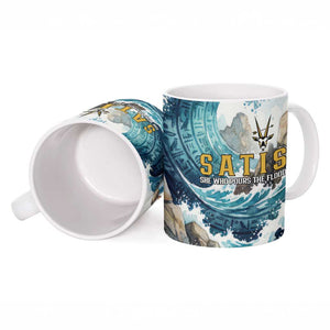 Satis Water Torrent Ceramic Mug with Egyptian Flood Symbolism in Oceanic Blue Tones