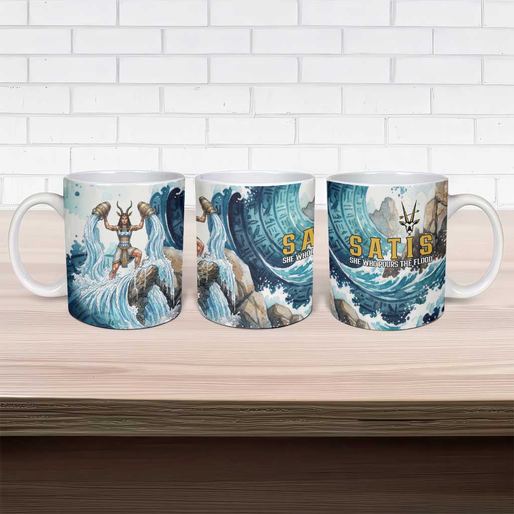 Satis Water Torrent Ceramic Mug with Egyptian Flood Symbolism in Oceanic Blue Tones