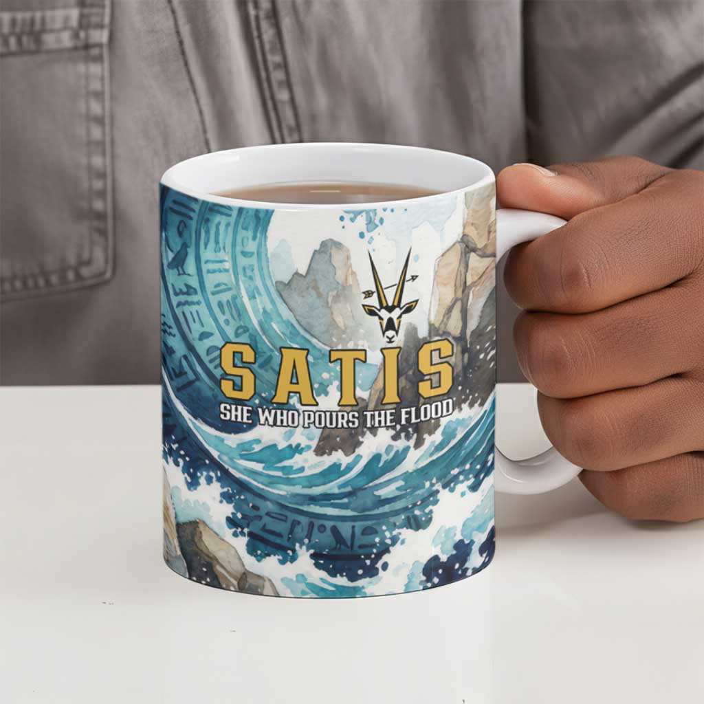 Satis Water Torrent Ceramic Mug with Egyptian Flood Symbolism in Oceanic Blue Tones