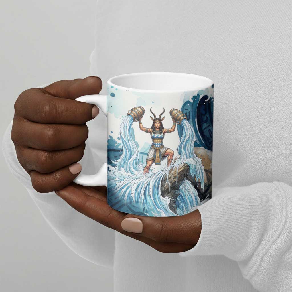 Satis Water Torrent Ceramic Mug with Egyptian Flood Symbolism in Oceanic Blue Tones