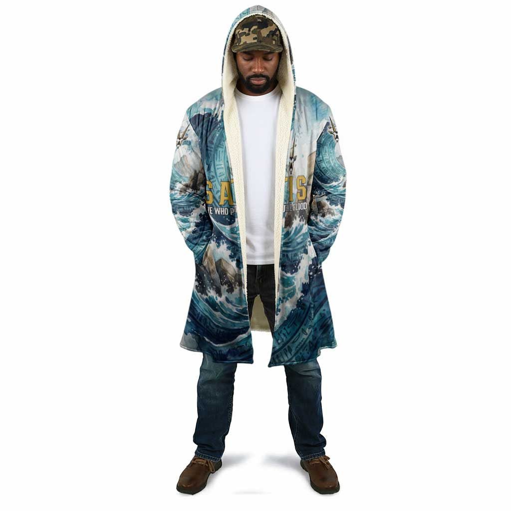 Satis Water Torrent Cloak with Egyptian Flood Symbolism in Oceanic Blue Tones