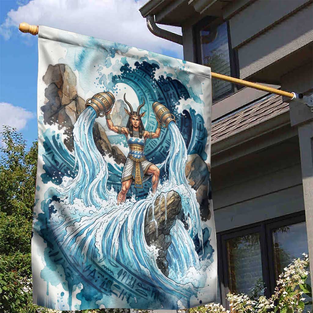 Satis Water Torrent Garden Flag with Egyptian Flood Symbolism in Oceanic Blue Tones
