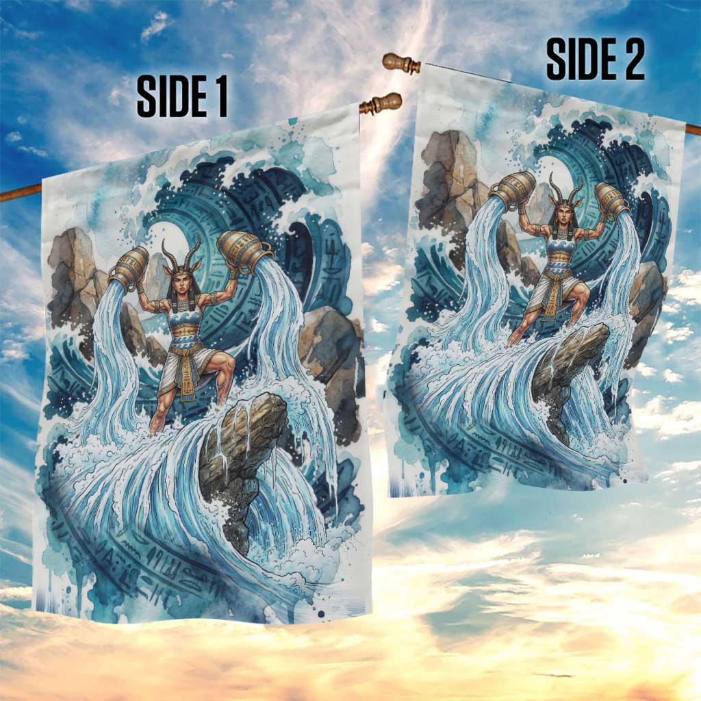 Satis Water Torrent Garden Flag with Egyptian Flood Symbolism in Oceanic Blue Tones