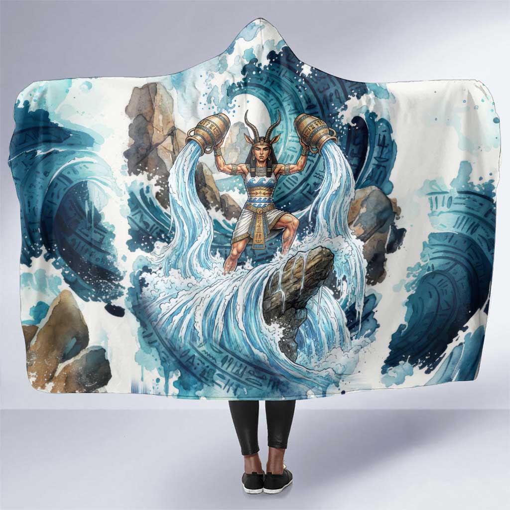 Satis Water Torrent Hooded Blanket with Egyptian Flood Symbolism in Oceanic Blue Tones