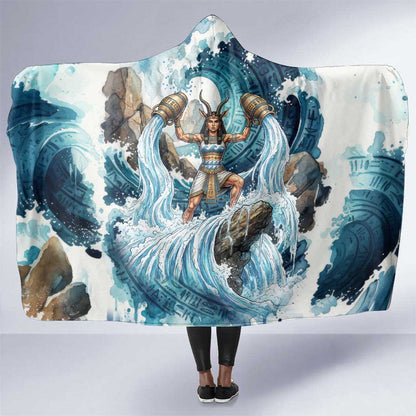 Satis Water Torrent Hooded Blanket with Egyptian Flood Symbolism in Oceanic Blue Tones