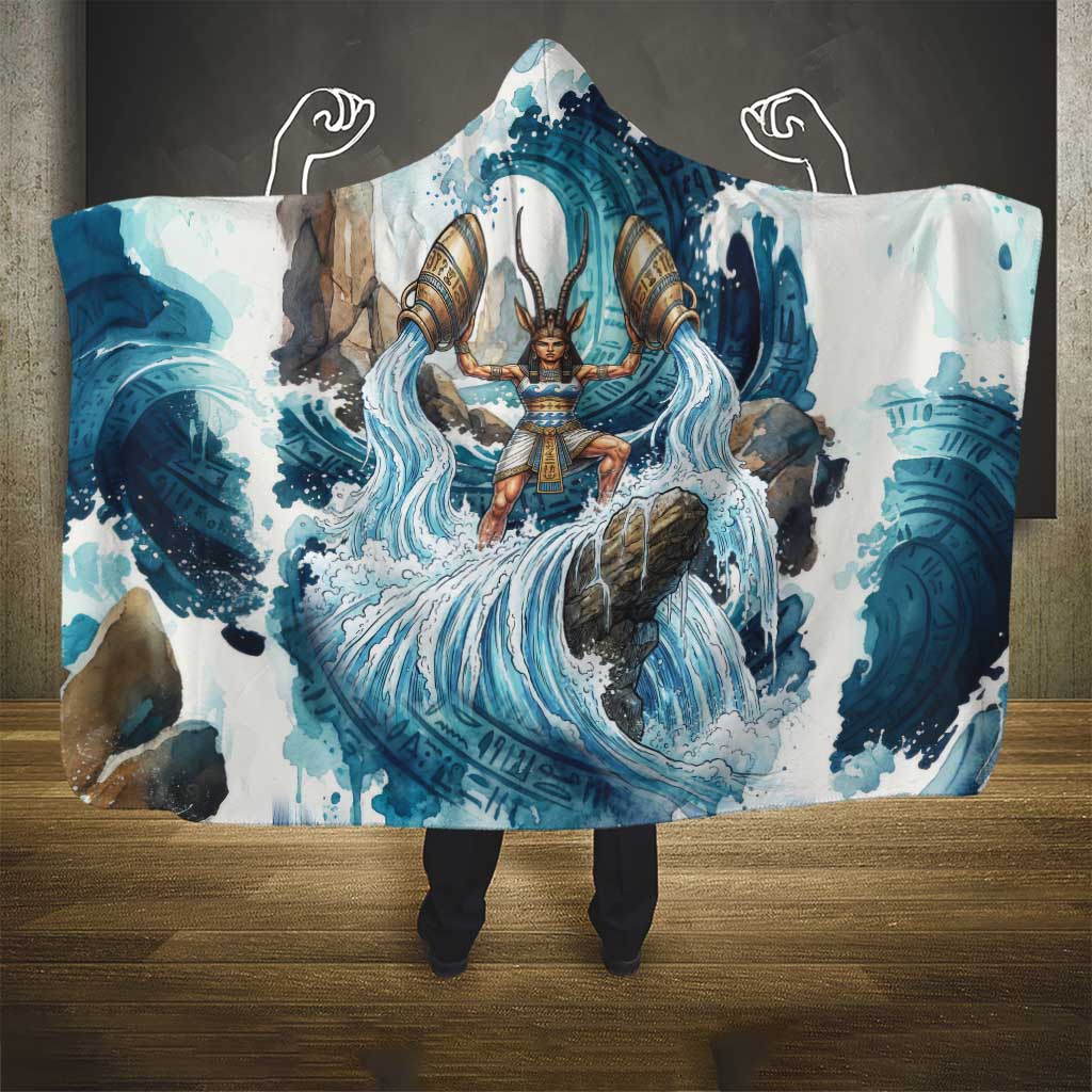 Satis Water Torrent Hooded Blanket with Egyptian Flood Symbolism in Oceanic Blue Tones