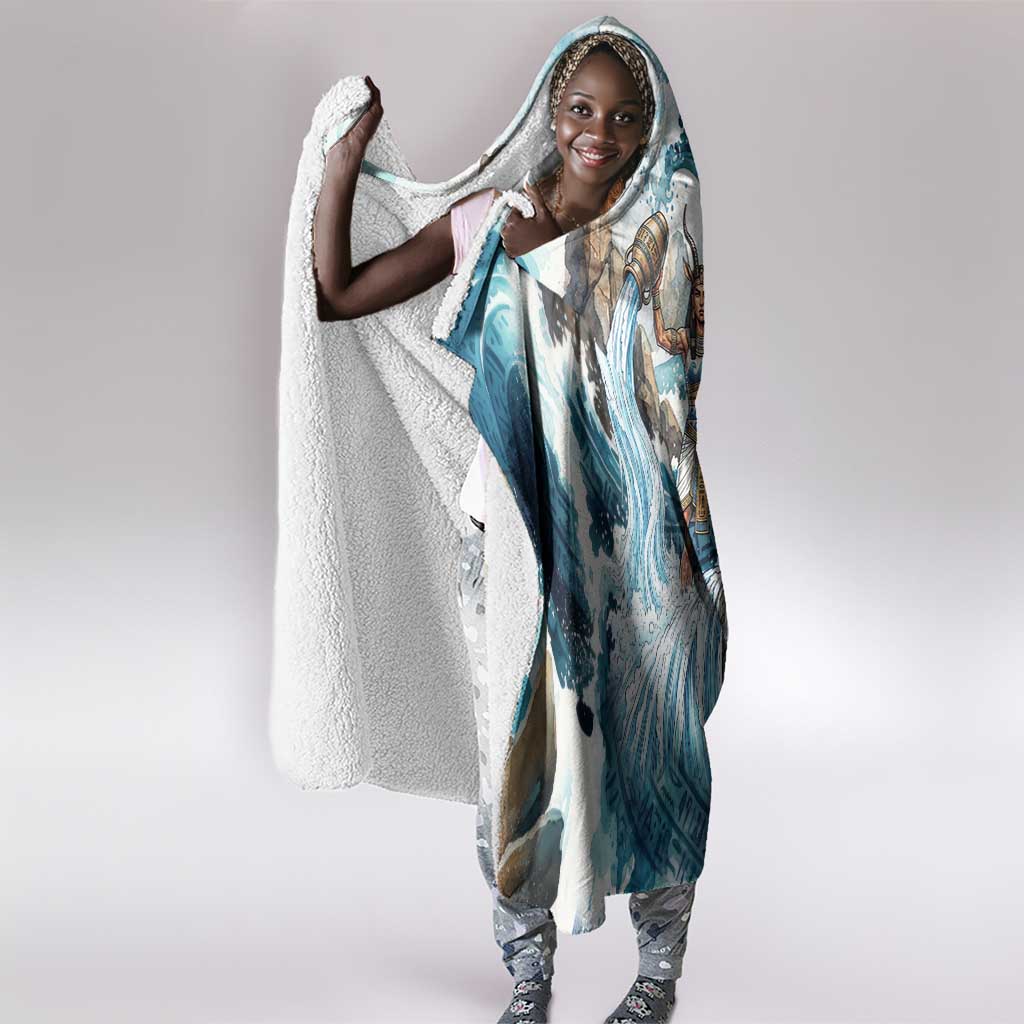 Satis Water Torrent Hooded Blanket with Egyptian Flood Symbolism in Oceanic Blue Tones