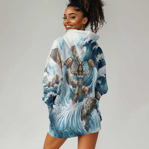 Satis Water Torrent Hoodie Dress with Egyptian Flood Symbolism in Oceanic Blue Tones