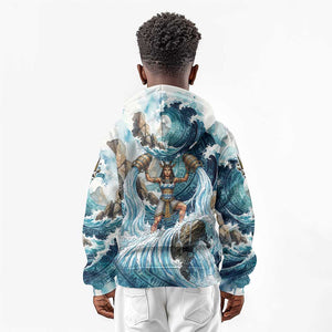 Satis Water Torrent Kid Hoodie with Egyptian Flood Symbolism in Oceanic Blue Tones