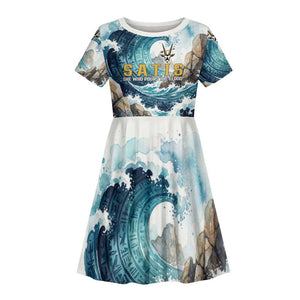 Satis Water Torrent Kid Short Sleeve Dress with Egyptian Flood Symbolism in Oceanic Blue Tones