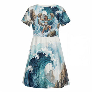 Satis Water Torrent Kid Short Sleeve Dress with Egyptian Flood Symbolism in Oceanic Blue Tones