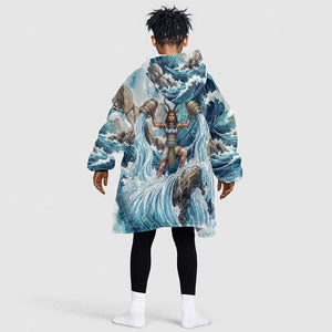 Satis Water Torrent Kid Wearable Blanket Hoodie with Egyptian Flood Symbolism in Oceanic Blue Tones