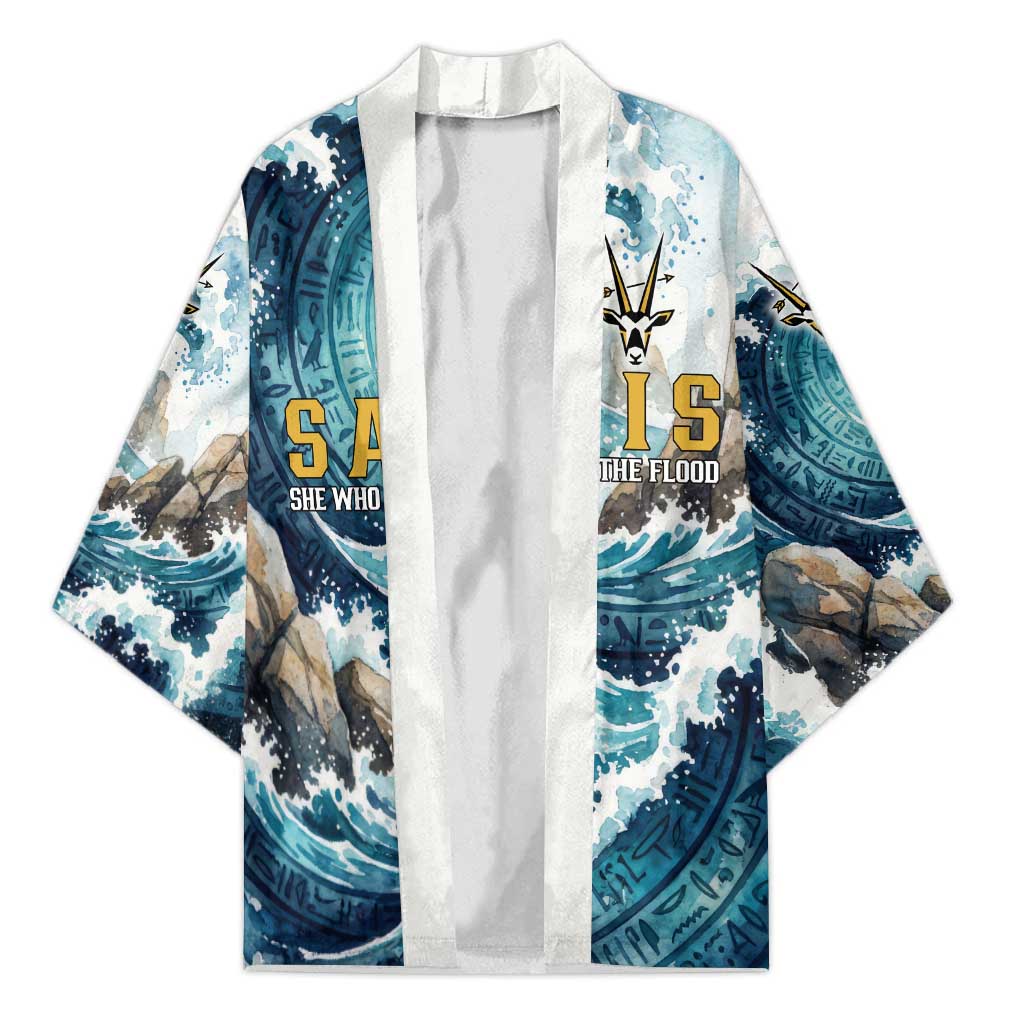 Satis Water Torrent Kimono with Egyptian Flood Symbolism in Oceanic Blue Tones