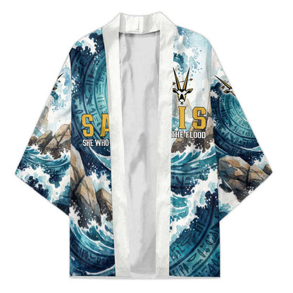 Satis Water Torrent Kimono with Egyptian Flood Symbolism in Oceanic Blue Tones