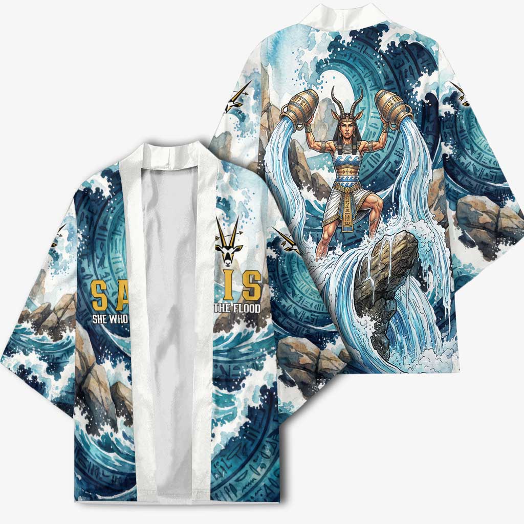 Satis Water Torrent Kimono with Egyptian Flood Symbolism in Oceanic Blue Tones