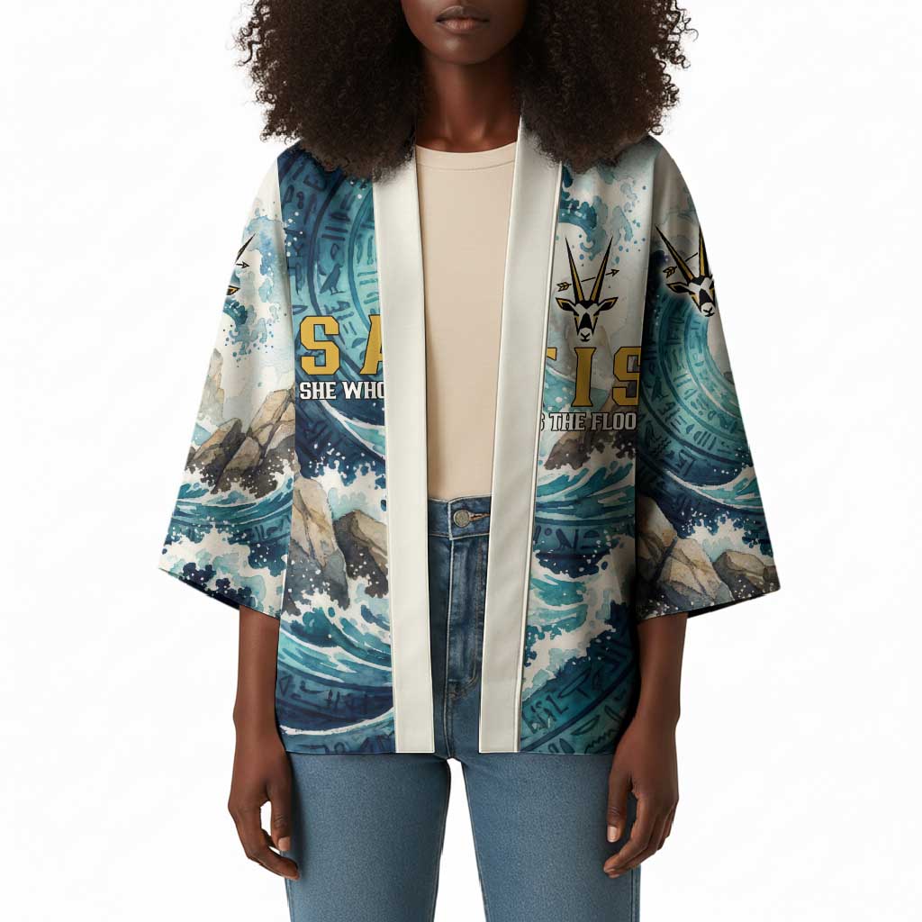 Satis Water Torrent Kimono with Egyptian Flood Symbolism in Oceanic Blue Tones