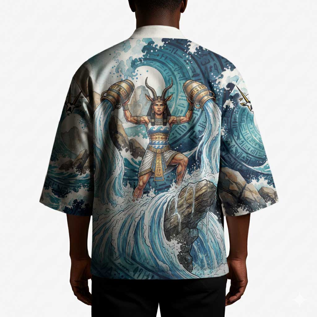 Satis Water Torrent Kimono with Egyptian Flood Symbolism in Oceanic Blue Tones