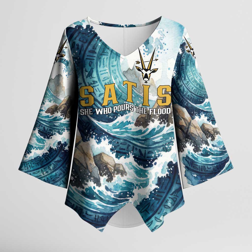 Satis Water Torrent Kimono Sleeve Blouse with Egyptian Flood Symbolism in Oceanic Blue Tones