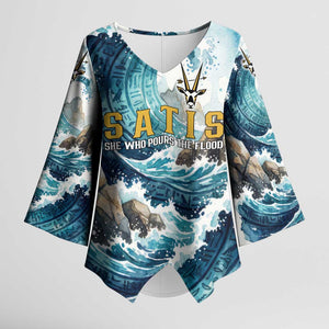 Satis Water Torrent Kimono Sleeve Blouse with Egyptian Flood Symbolism in Oceanic Blue Tones