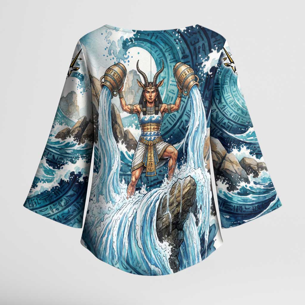 Satis Water Torrent Kimono Sleeve Blouse with Egyptian Flood Symbolism in Oceanic Blue Tones