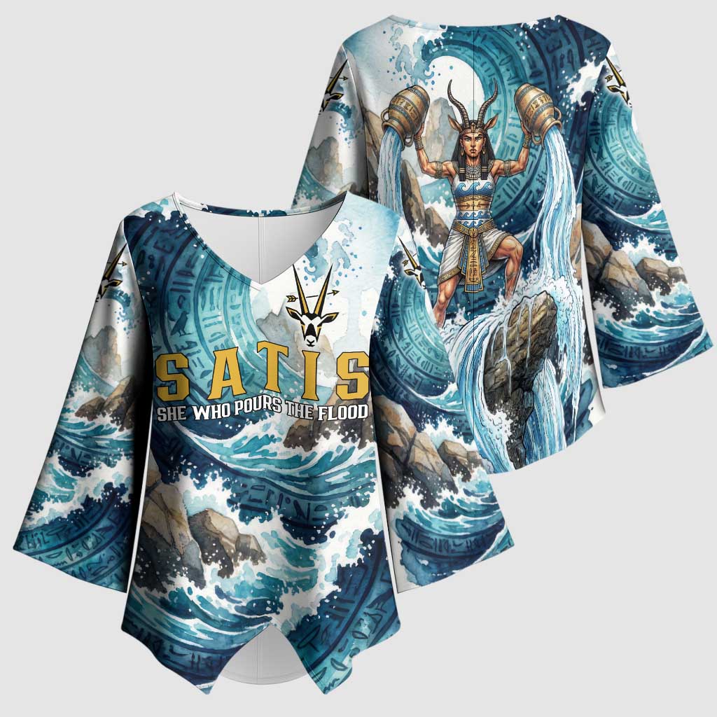 Satis Water Torrent Kimono Sleeve Blouse with Egyptian Flood Symbolism in Oceanic Blue Tones