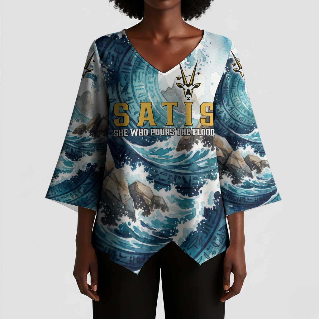 Satis Water Torrent Kimono Sleeve Blouse with Egyptian Flood Symbolism in Oceanic Blue Tones