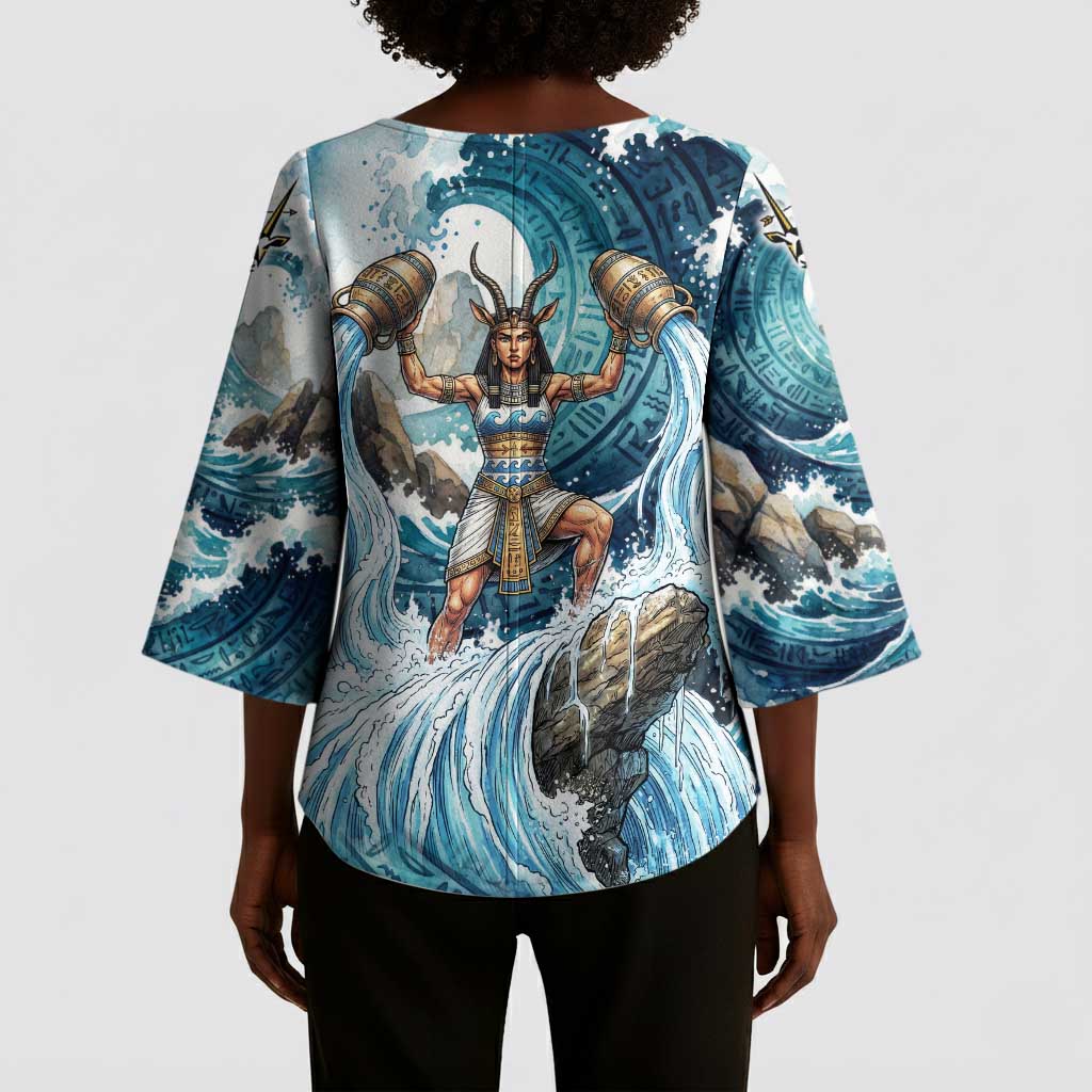 Satis Water Torrent Kimono Sleeve Blouse with Egyptian Flood Symbolism in Oceanic Blue Tones